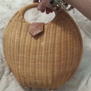 J. Mclaughlin woven rattan reed circle hand bag